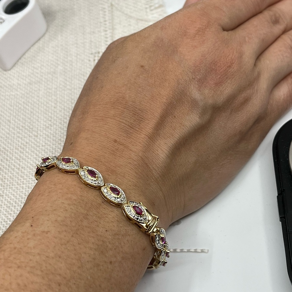 Vintage Gold-Over-Sterling Ruby & Diamond Accent Bracelet - 7.25” - Picture 6 of 17